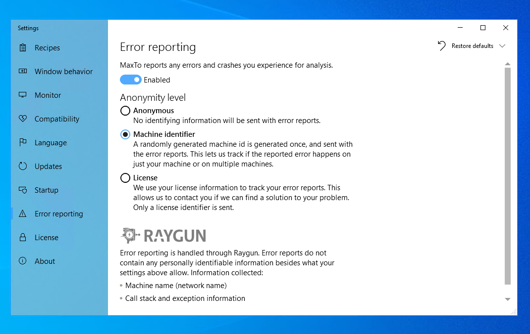 Error reporting settings in the MaxTo user interface