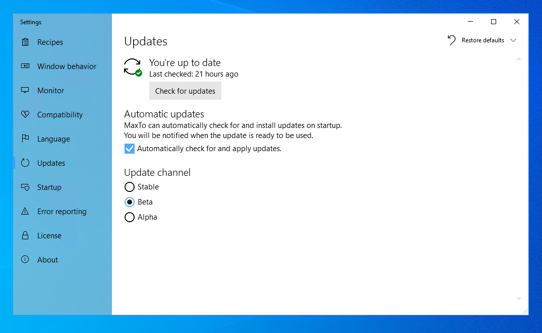 Update setting in the MaxTo user interface