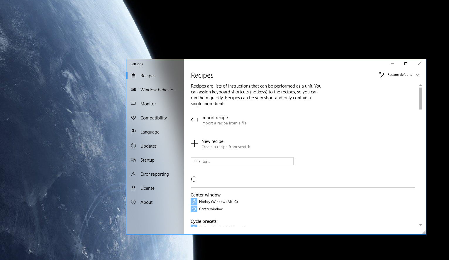 MaxTo's settings window showing the Recipes tab.