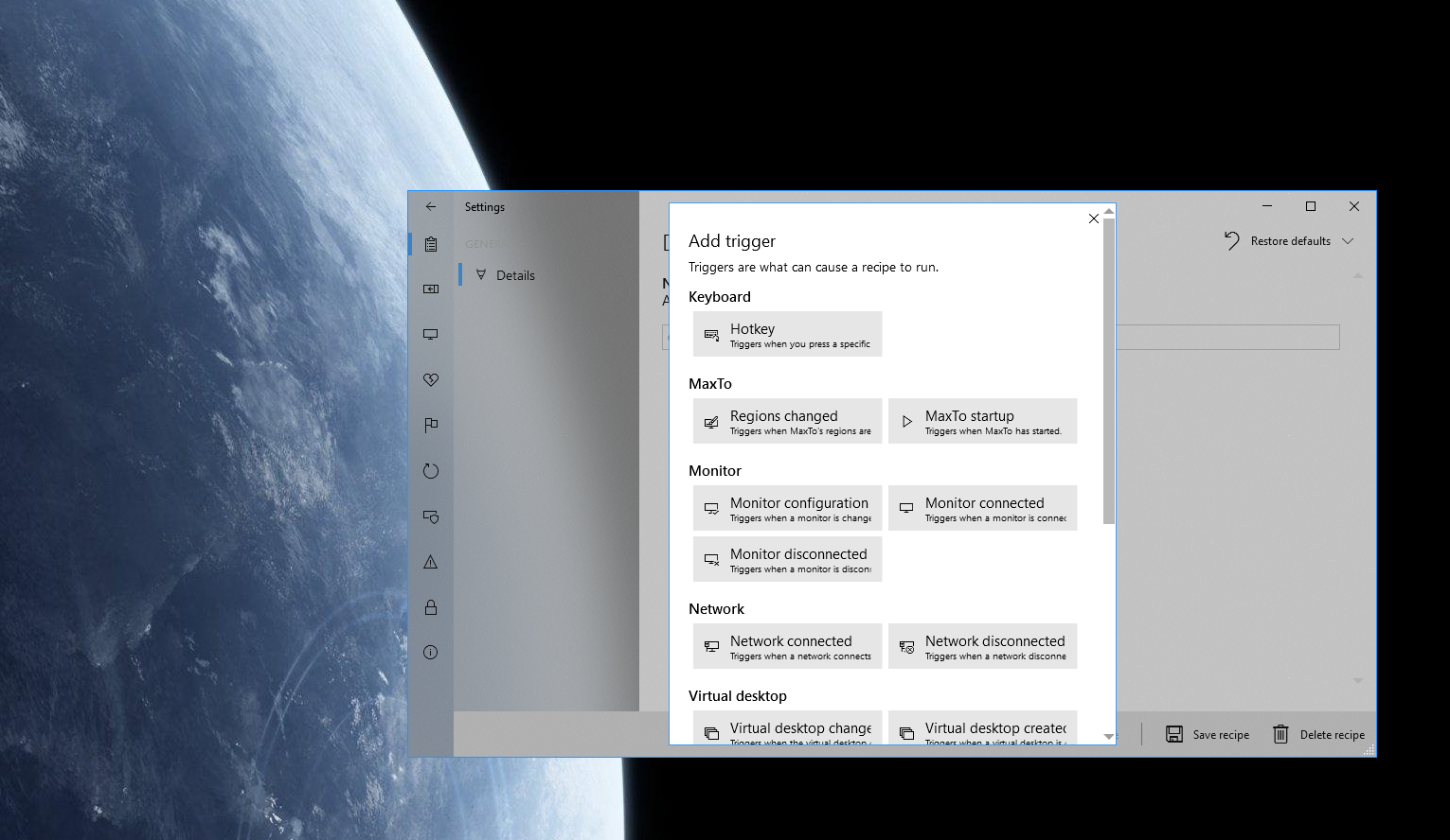 MaxTo's settings window showing the Recipes tab.